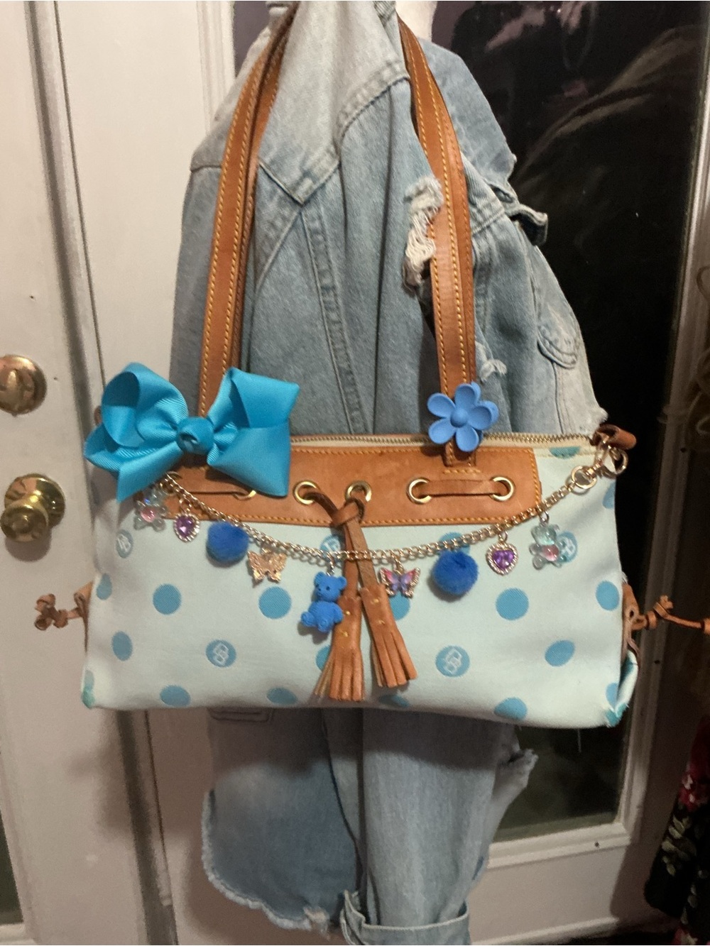Dooney & Bourke Light Blue Polka Dot Shoulder Bag with Tan Trim